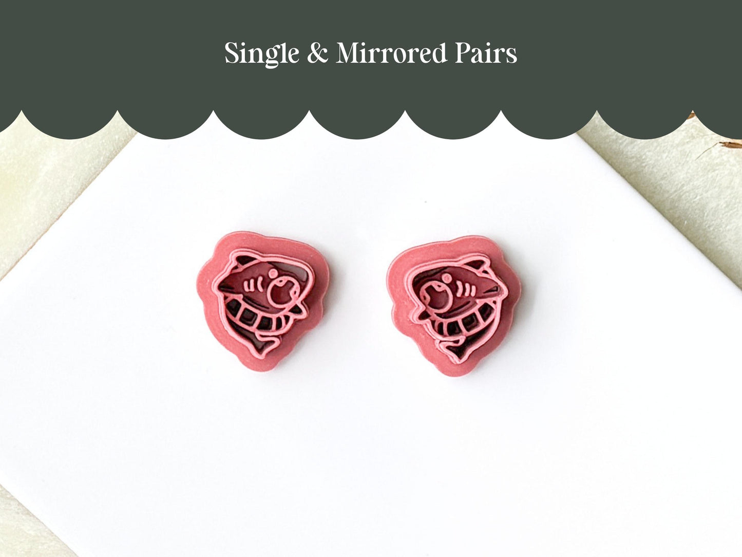 Mirrored pair shark clay cutters for making matching earring sets — available in sizes 1.5 cm to 4.5 cm