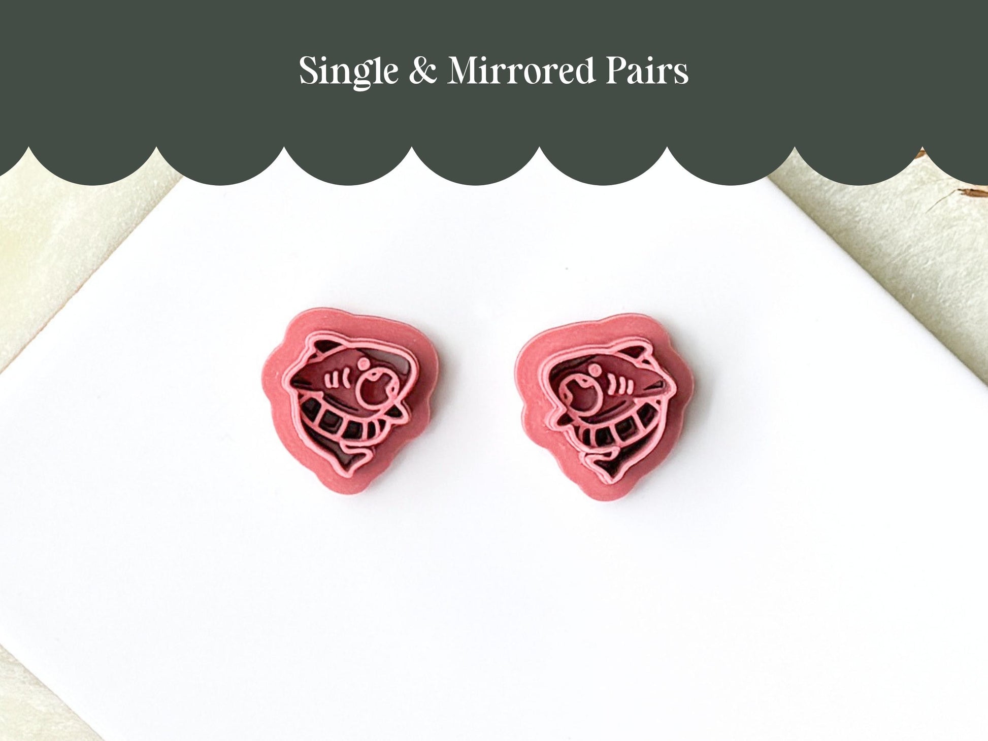 Mirrored pair shark clay cutters for making matching earring sets — available in sizes 1.5 cm to 4.5 cm