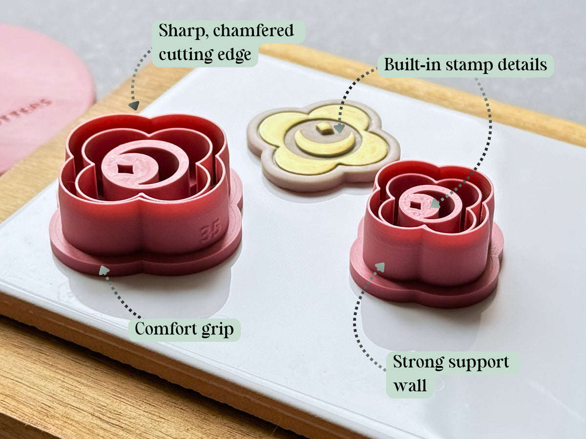 Side view of celestial moon and star clay cutter with detailed labels 