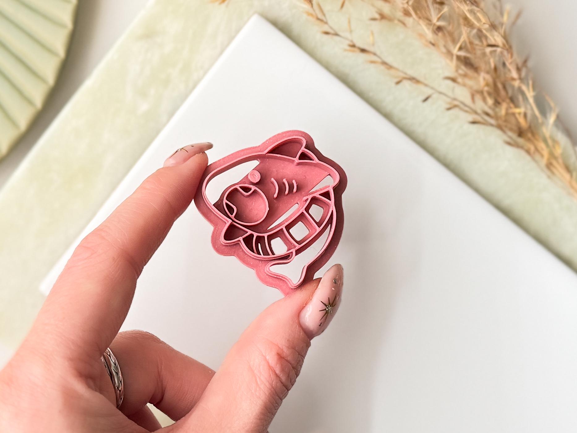 Close-up of shark floatie cutter showing fin, face and floatie ring detail — handmade in the UK by Fabled Cutters