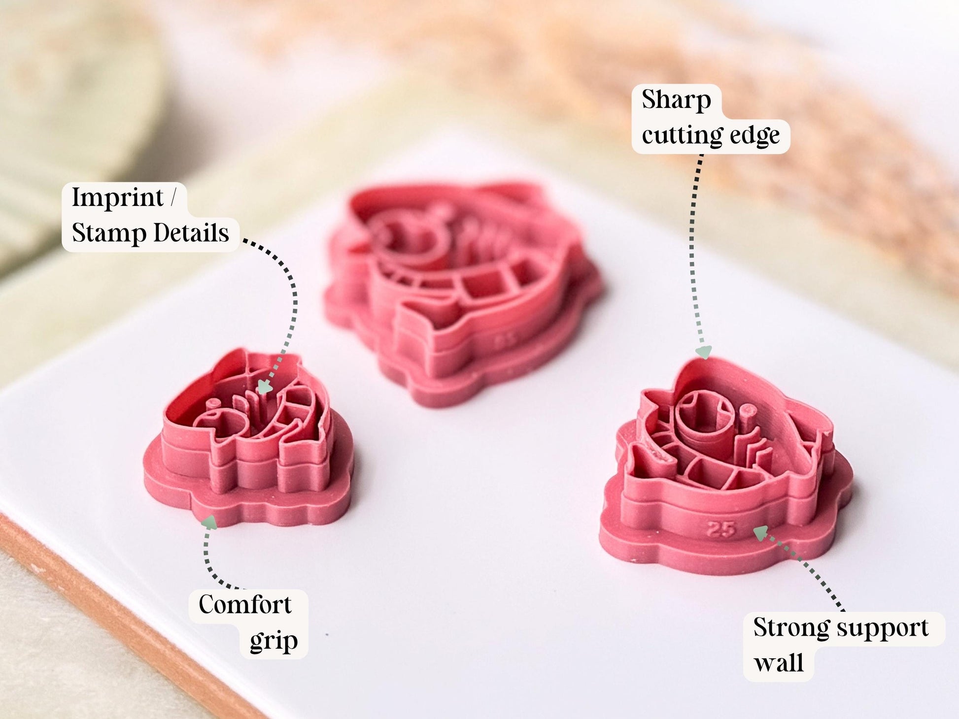 Labelled diagram of shark clay cutters displaying the sharp cutting edge, strong support wall. comfort grip and imprint stamp details. 