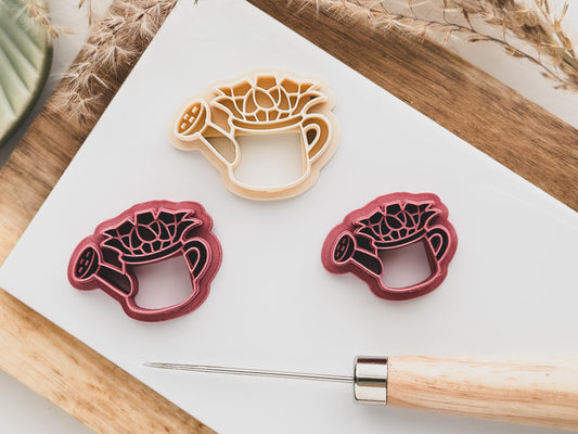 watering can shaped polymer clay cutters with tulip flower stamp detail