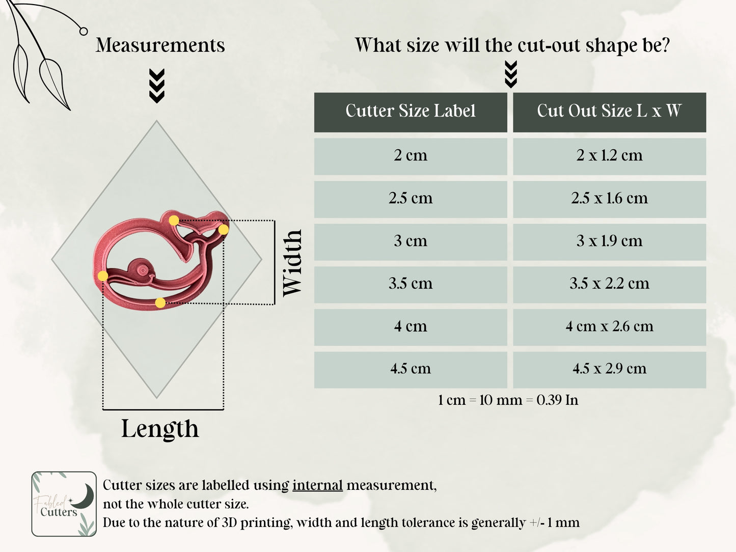 Whale clay cutter size guide — 2 cm to 4.5 cm, single or mirrored pairs, made to order in the UK