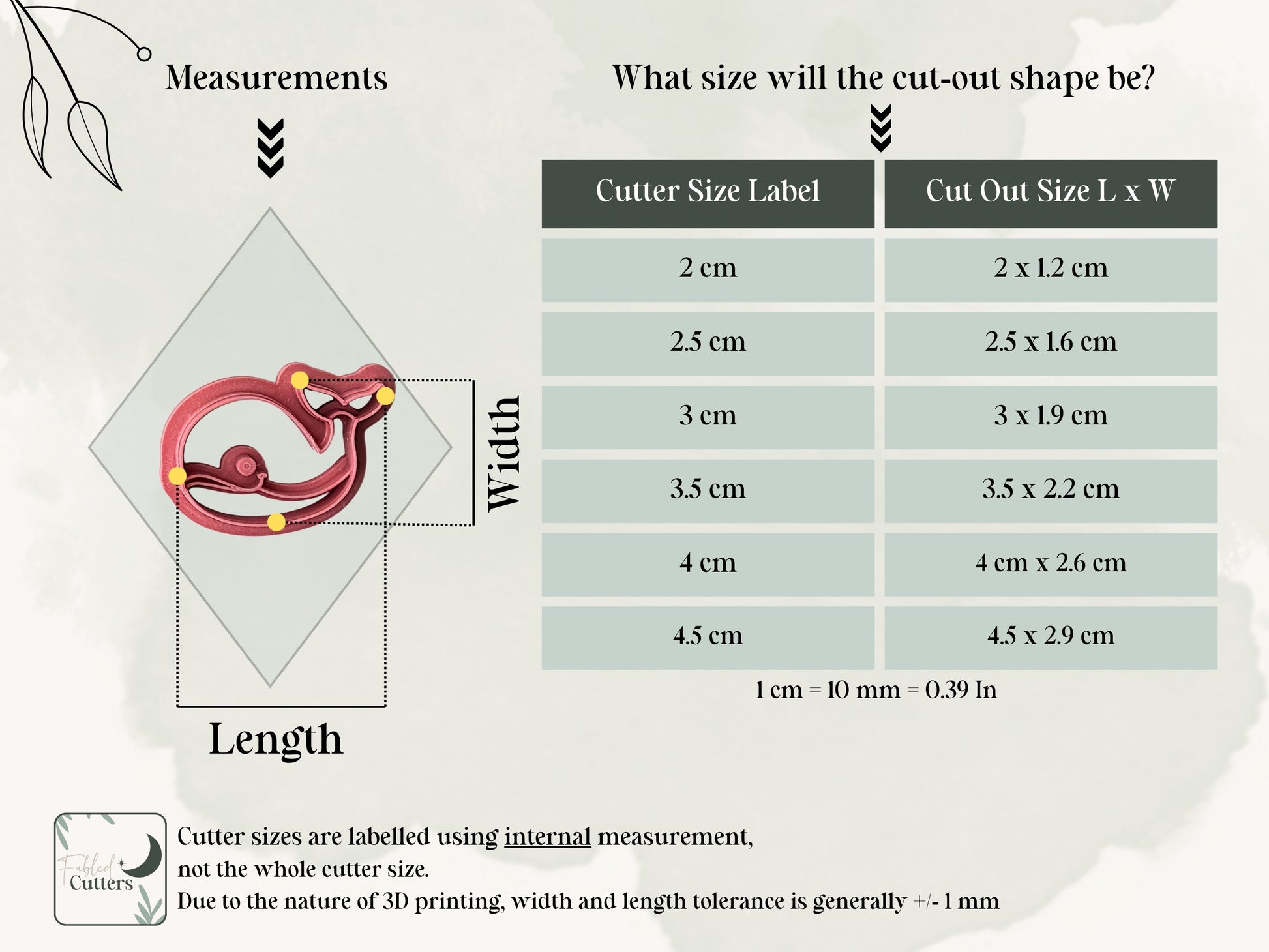 Whale clay cutter size guide — 2 cm to 4.5 cm, single or mirrored pairs, made to order in the UK