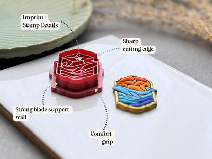 Diagram highlighting the sharp cutting edge, comfort grip, strong support wall and imprint details of a stained glass whale polymer clay cutter.