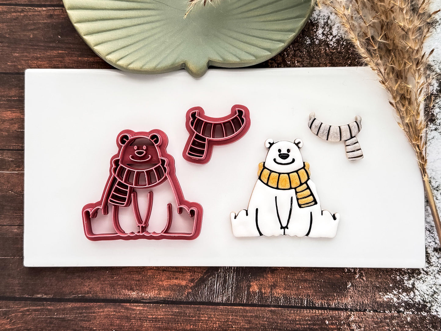 Winter Polar Bear Clay Cutter in pink With Separate Scarf cutter For Polymer Clay & Fondant. 
