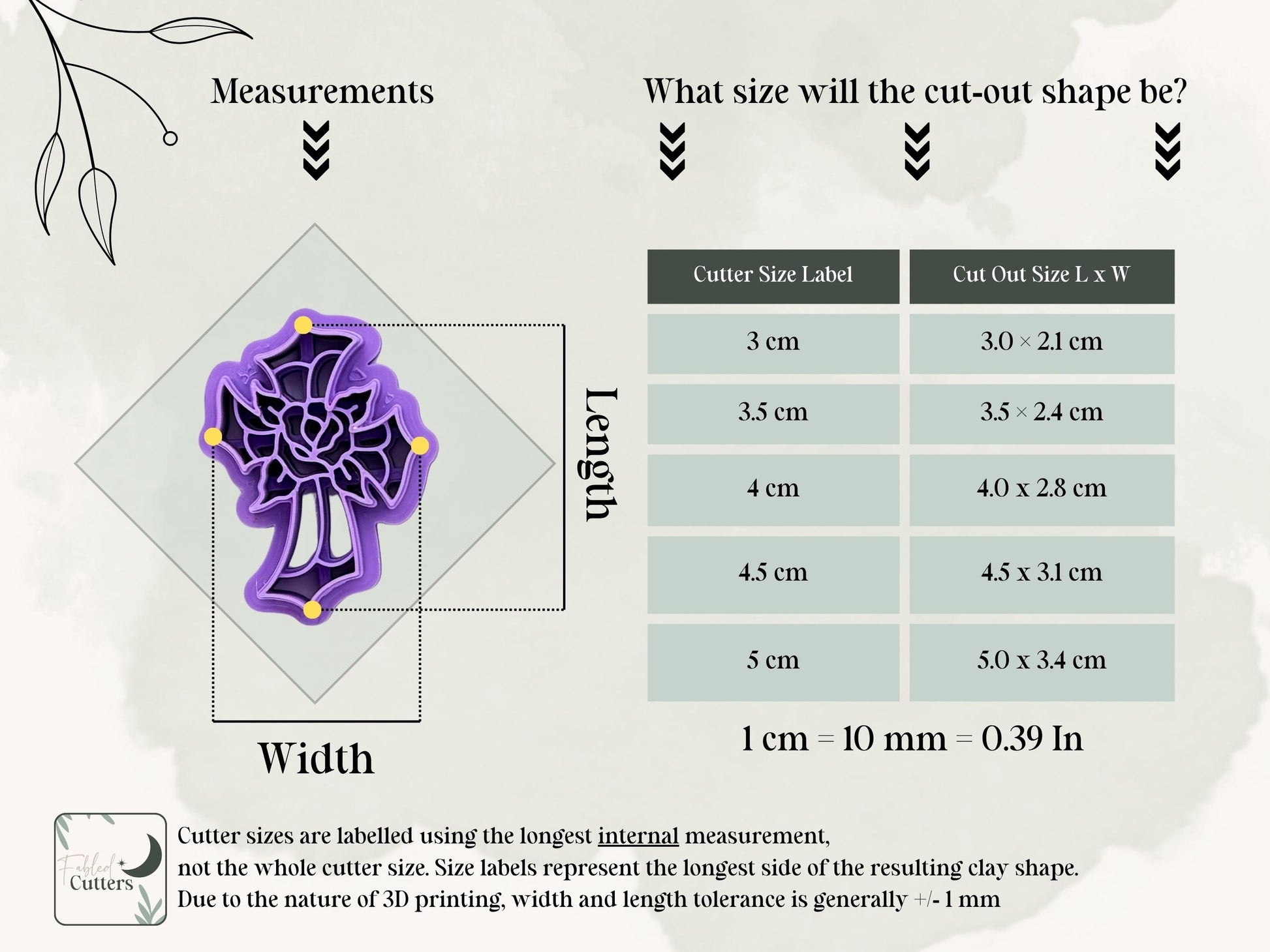 Measurement guide showing available sizes and cut-out dimensions for the stained glass cross with rose polymer clay cutter.