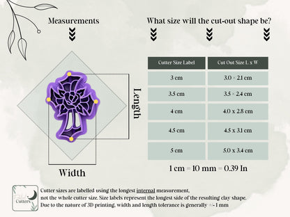 Measurement guide showing available sizes and cut-out dimensions for the stained glass cross with rose polymer clay cutter.